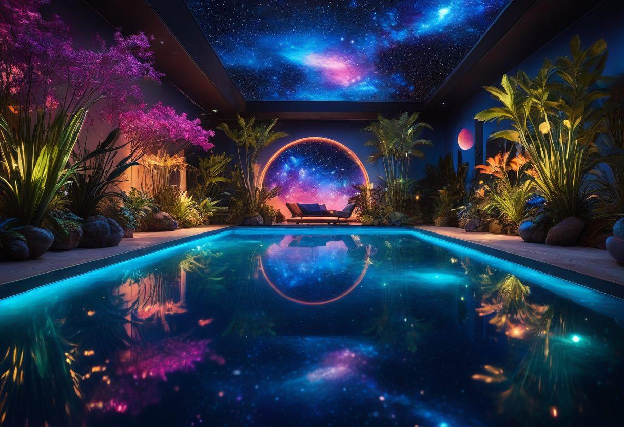 A futuristic swimming pool under a starry cosmos, featuring models in innovative swimwear that glows and shimmers with galaxy-inspired patterns. Surround the pool with fantastical, otherworldly plants and colorful floating lights. The sky is full of shining planets and nebulae, creating a mesmerizing atmosphere of cosmic fashion. super-realistic. vibrant colors. cosmic theme.